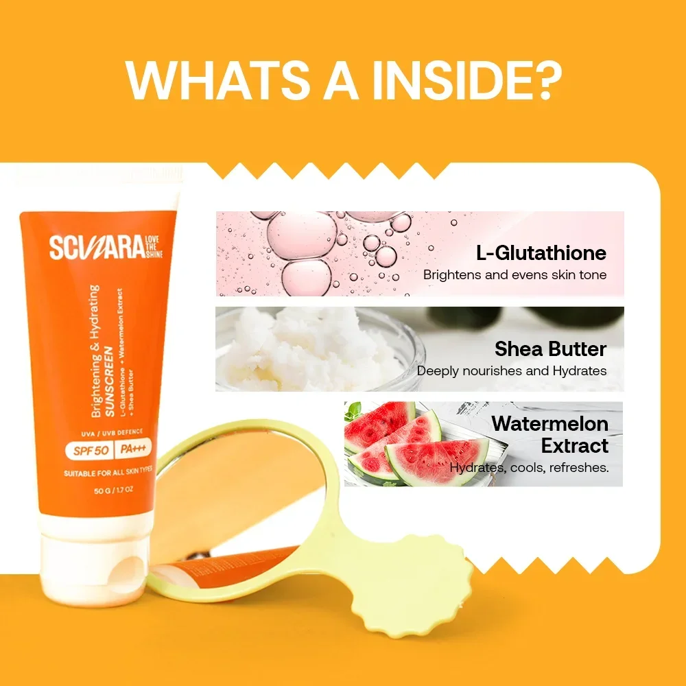 scinara brightening & hydrating sunscreen spf 50 pa+++/ uva / uvb / /blue light defence| with l-glutathione | shea butter & watermelon extract | 50gm 2